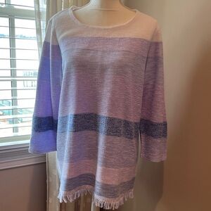 Chico's Lavender and White Striped Sweater with Fringe Bottom